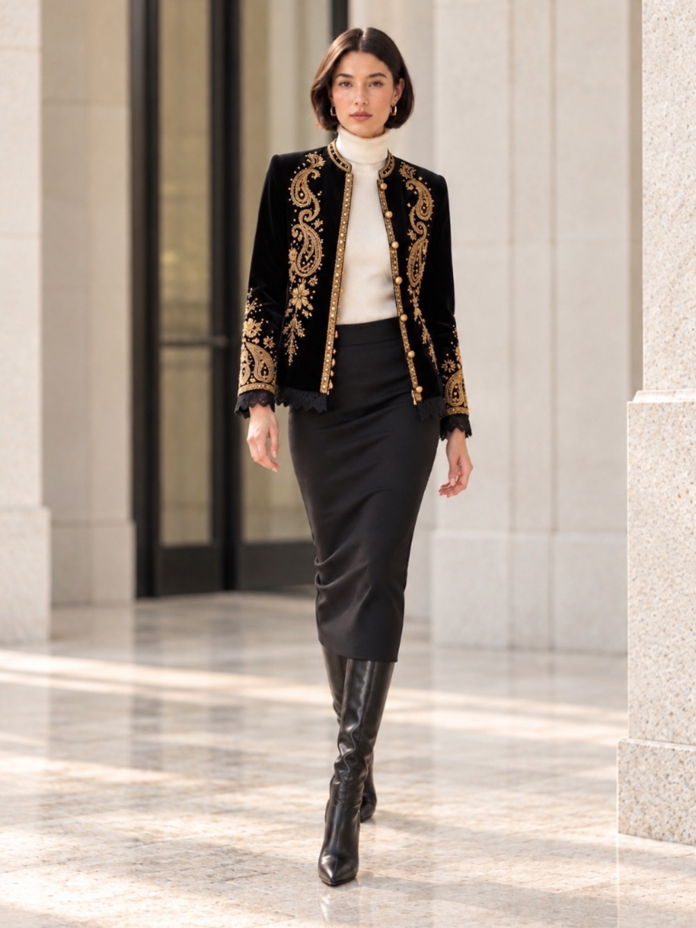 NWOT Soft Surroundings Tudor Black Velvet Gold Embroidered Jacket XS